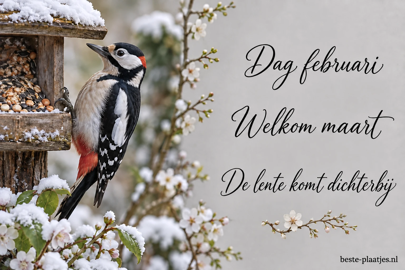 Een specht zit op een besneeuwd vogelhuisje.