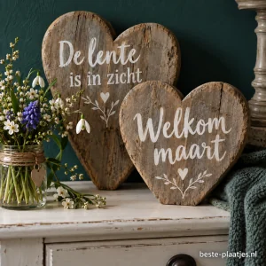 Twee houten harten staan naast een vaasje lentebloemen.