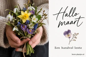 Een hand houdt een klein kleurrijk boeket lentebloemen vast.
