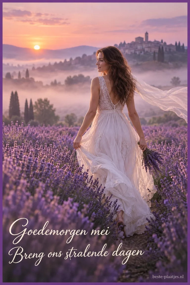 Een vrouw in een witte jurk wandelt bij zonsopkomst door een lavendelveld.