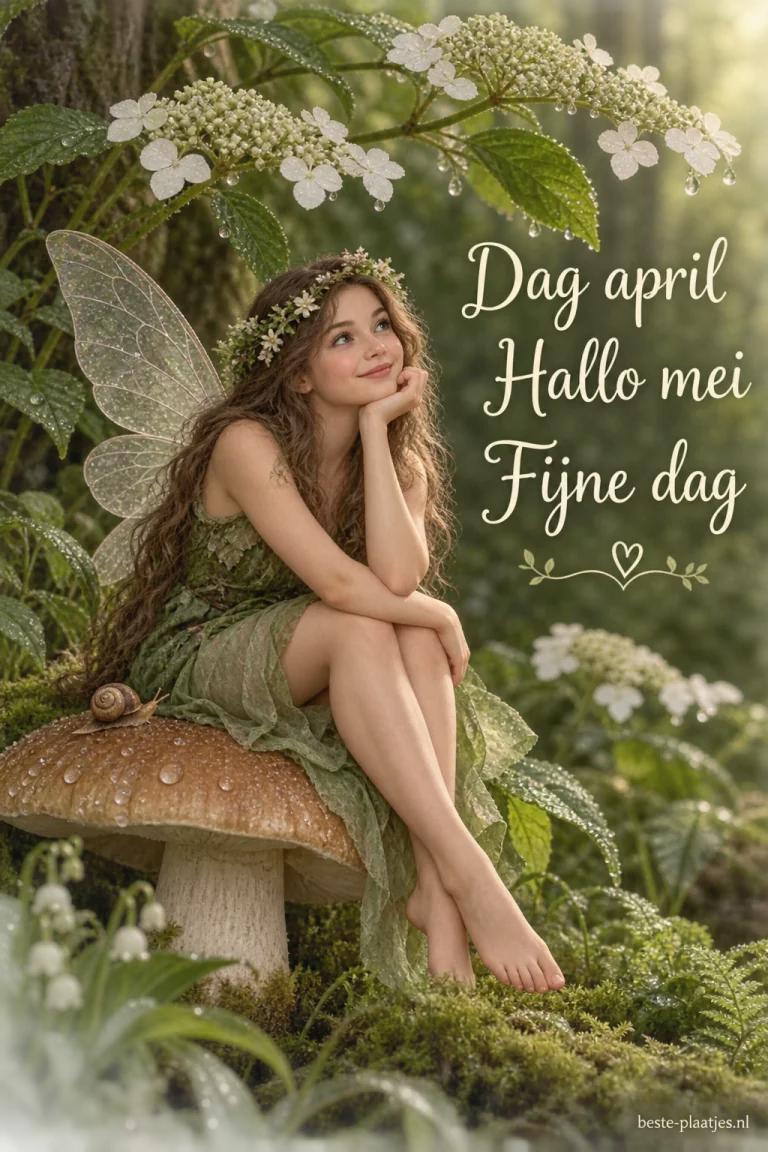 Een gevleugelde vrouw zit in een groen bos op een paddenstoel onder witte bloemen.