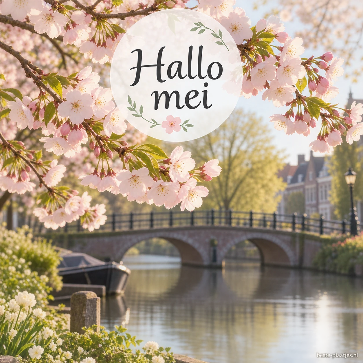Roze bloesem hangt boven een brug en een stille gracht.