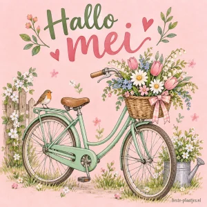 Een mintgroene fiets met een mand vol bloemen staat op een roze getekende kaart.