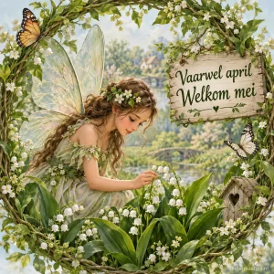 Een vrouw met tere vleugels buigt zich bij meiklokjes in een groene tuin.