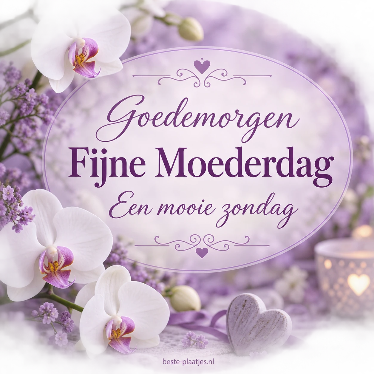 Witte orchideeën omlijsten een paarse Moederdagwens in een lichte ovaal.