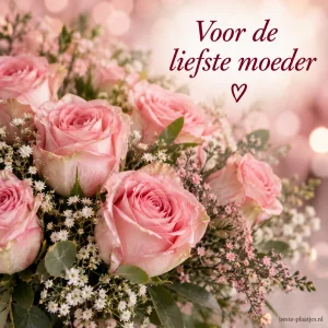 Een volle bos lichtroze rozen staat tegen een zachtroze achtergrond.