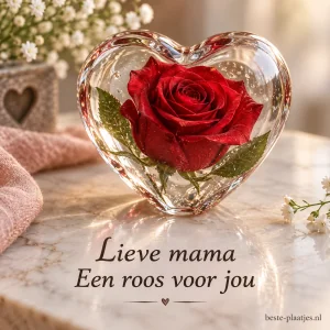 Een dieprode roos staat in een doorzichtig glazen hart.