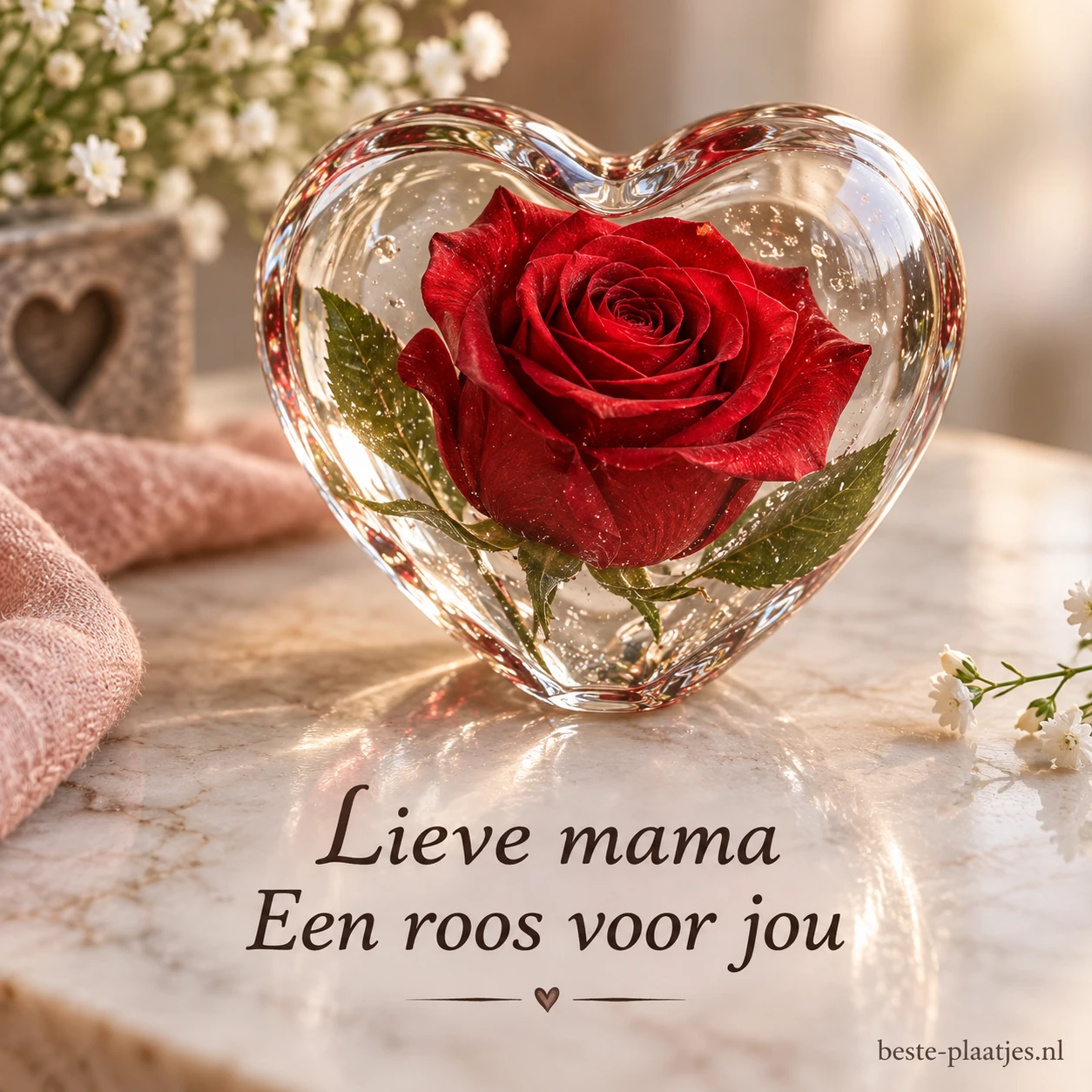 Een dieprode roos staat in een doorzichtig glazen hart.