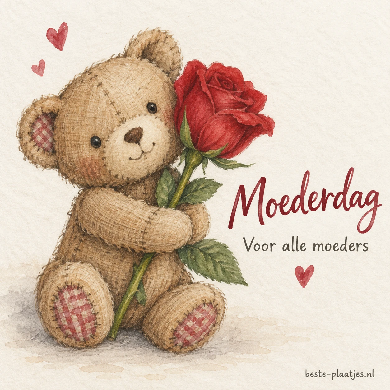 Een getekende stoffen beer houdt een rode roos tegen een lichte achtergrond.