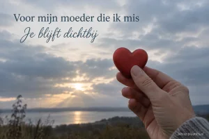 Een hand houdt een klein rood hart tegen een stille bewolkte hemel.