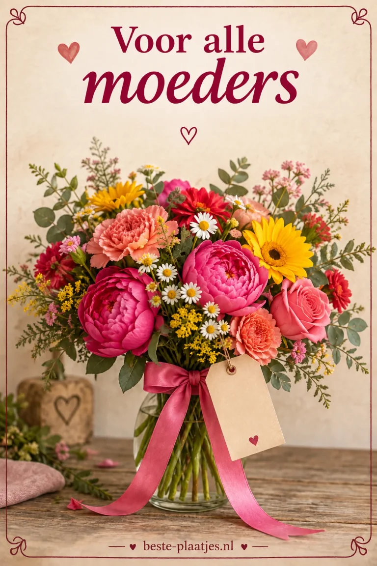 Een kleurig boeket met roze en gele bloemen is vastgebonden met een lint.