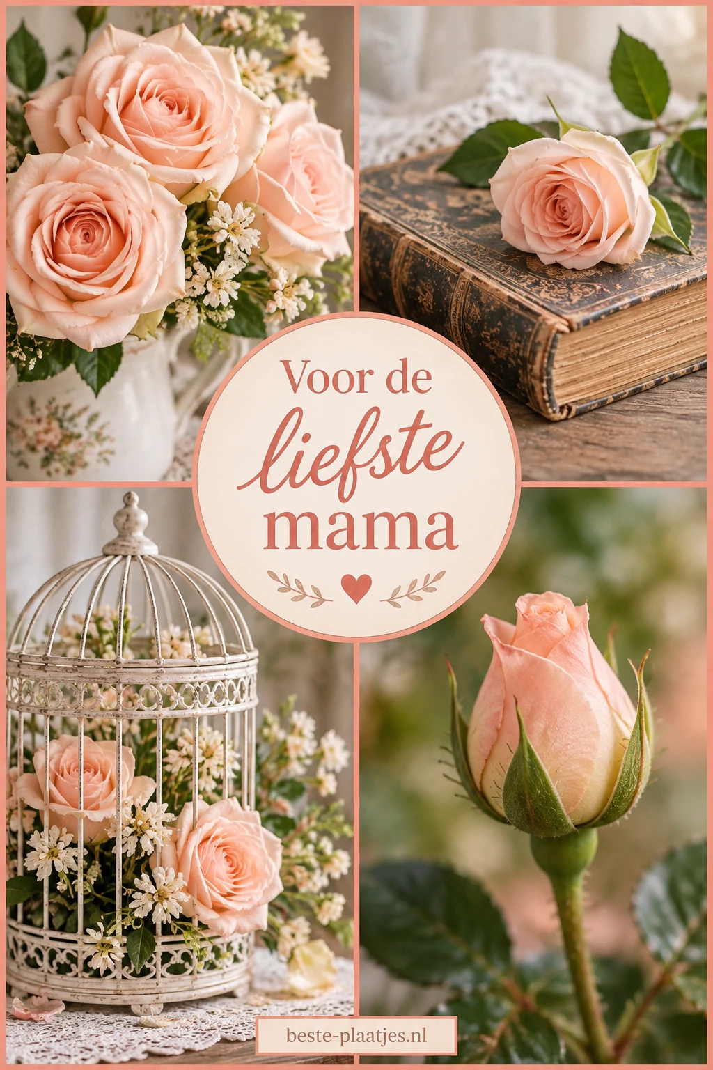 Een collagelijst toont roze rozen, een oud boek, een vogelkooi en een rozenknop.