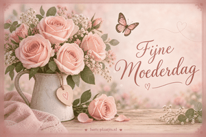Zachtroze rozen en een vlinder staan op een nostalgische kaart.
