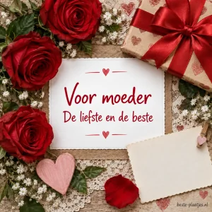 Rode rozen, een ingepakt cadeau en een papieren hart liggen rond een witte wenskaart.