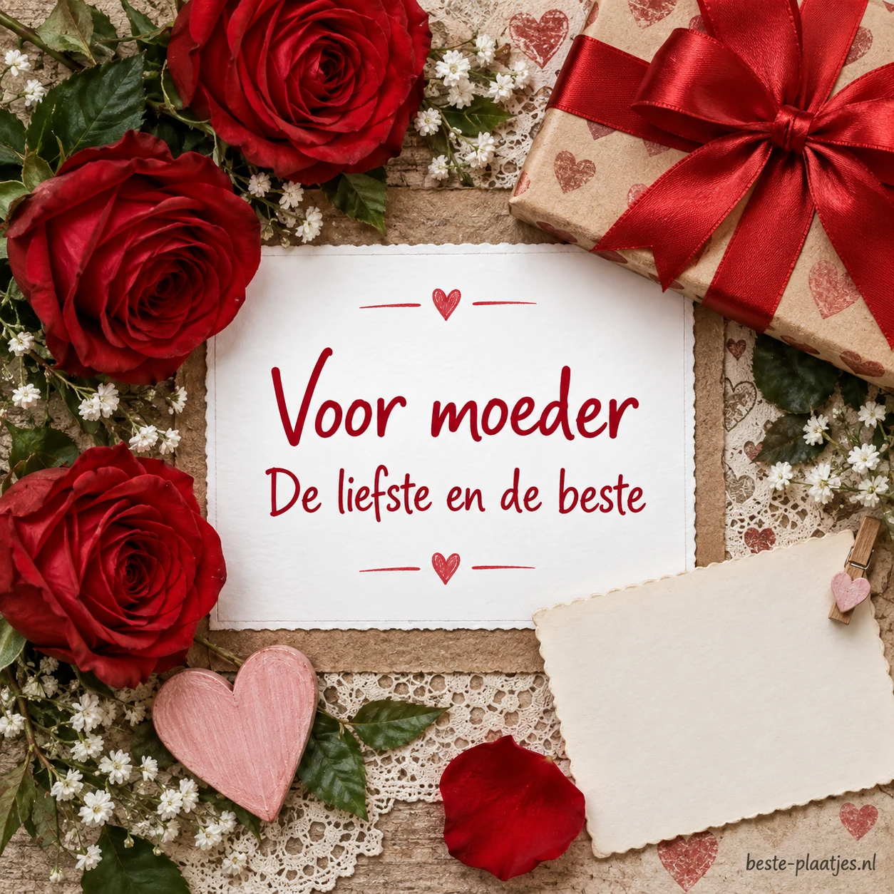 Rode rozen, een ingepakt cadeau en een papieren hart liggen rond een witte wenskaart.