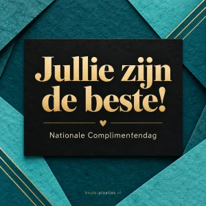 Gouden letters op een zwarte kaart liggen tussen gevouwen vellen turkoois papier.