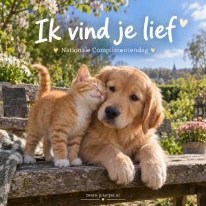 Een rood katje drukt zich tegen een jonge hond aan op een zonnige tuinbank.