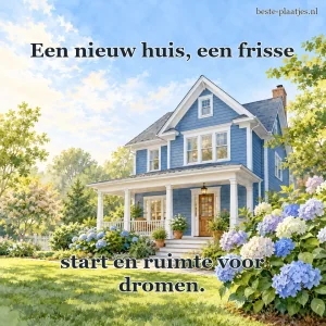 Een blauw houten huis glanst in zacht ochtendlicht.