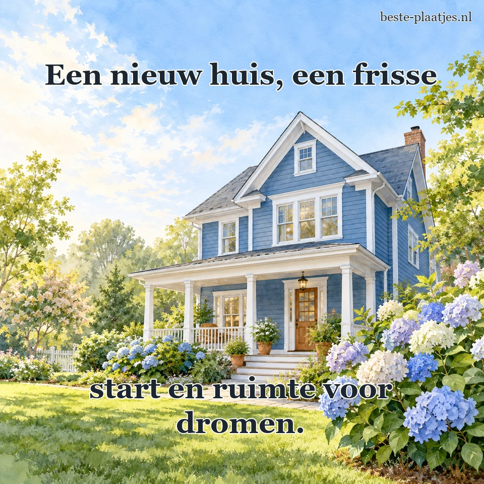Een blauw houten huis glanst in zacht ochtendlicht.