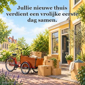Verhuisdozen staan naast een rode bakfiets voor het huis.