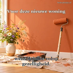 Een verfroller en frisse bloemen staan bij een muur.