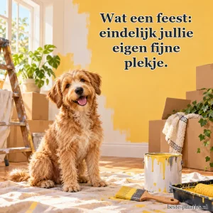 Een vrolijke hond zit met een verfkwast bij verhuisdozen.