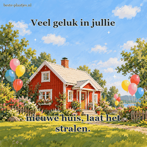 Een warm rood huis staat tussen kleurrijke ballonnen.