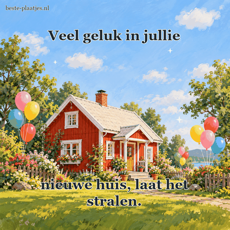 Een warm rood huis staat tussen kleurrijke ballonnen.