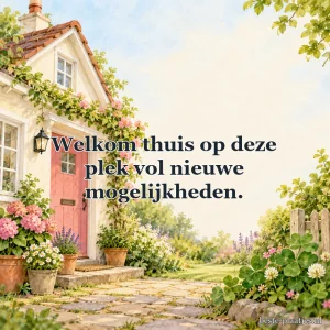 Een huis met roze deur heeft bloemen en klavertjes.
