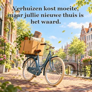 Een fiets met kartonnen doos rijdt langs blauwe lucht.
