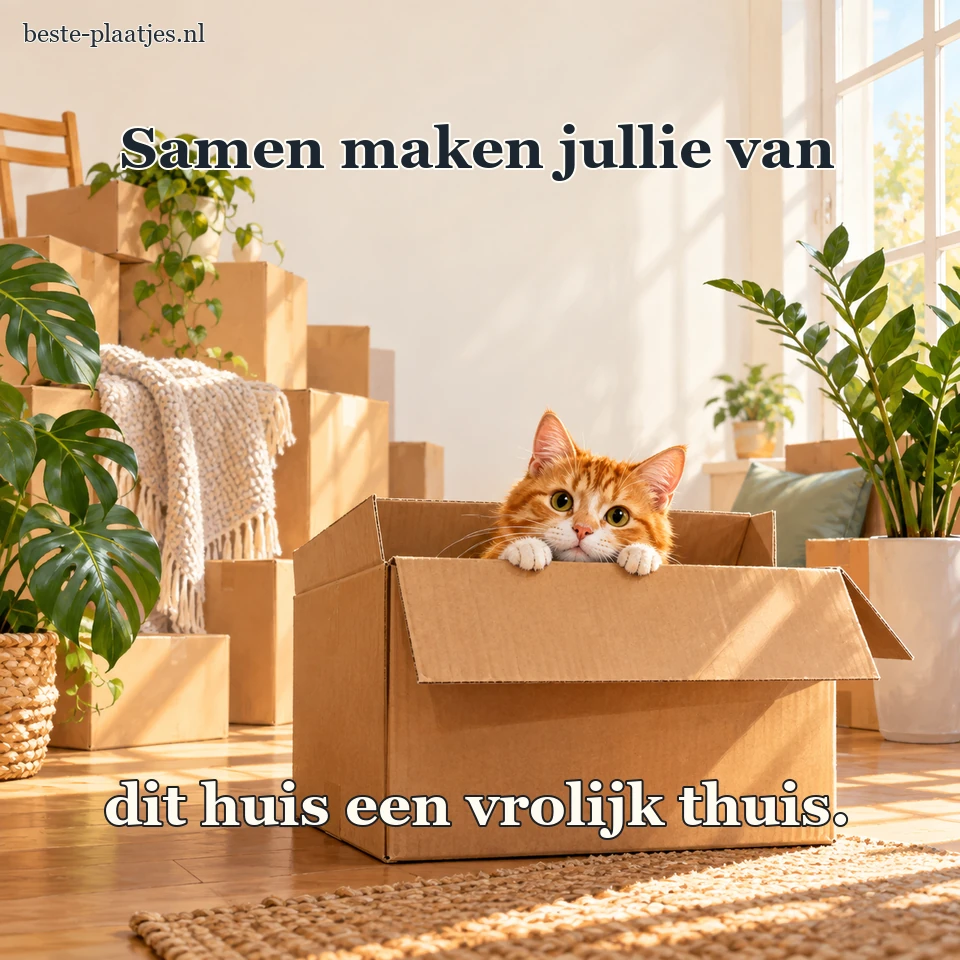 Een kat kijkt uit een kartonnen doos tussen verhuispakken.