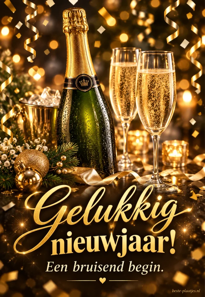 Champagne en gouden feestlicht brengen een bruisende nieuwjaarswens.