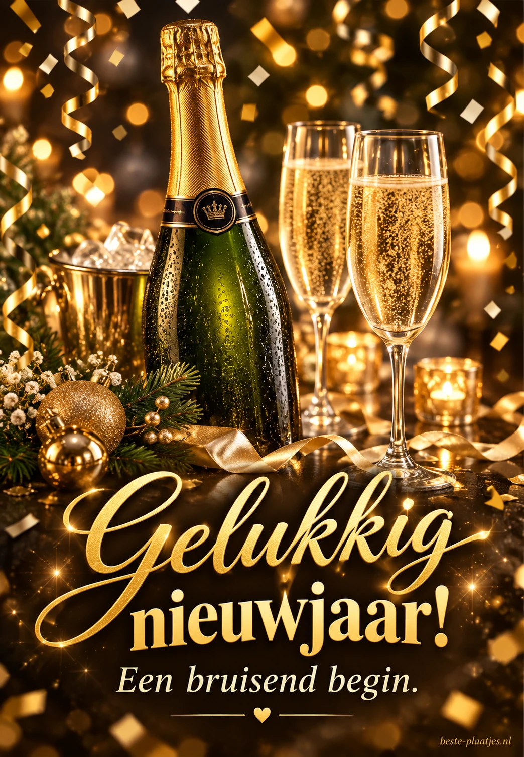 Champagne en gouden feestlicht brengen een bruisende nieuwjaarswens. Champagne en gouden feestlicht brengen een bruisende nieuwjaarswens.