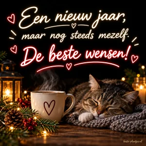 Een kaart met rode en witte letters brengt een eigenzinnige nieuwjaarsgroet.