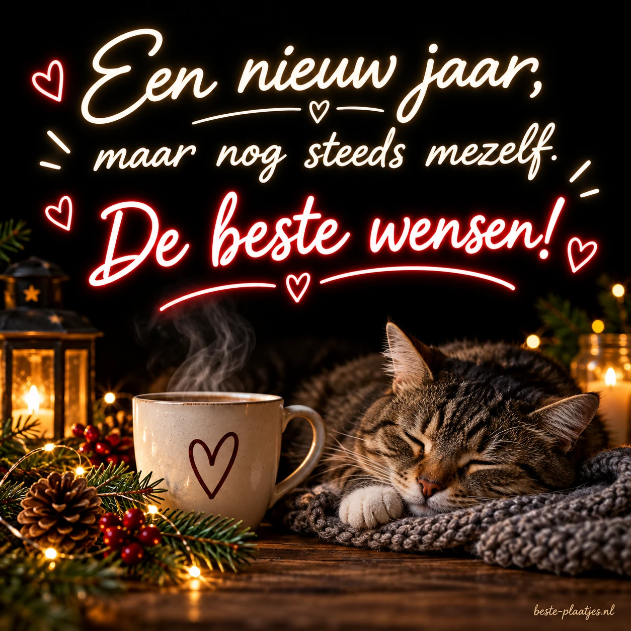 Een kaart met rode en witte letters brengt een eigenzinnige nieuwjaarsgroet. Een kaart met rode en witte letters brengt een eigenzinnige nieuwjaarsgroet.