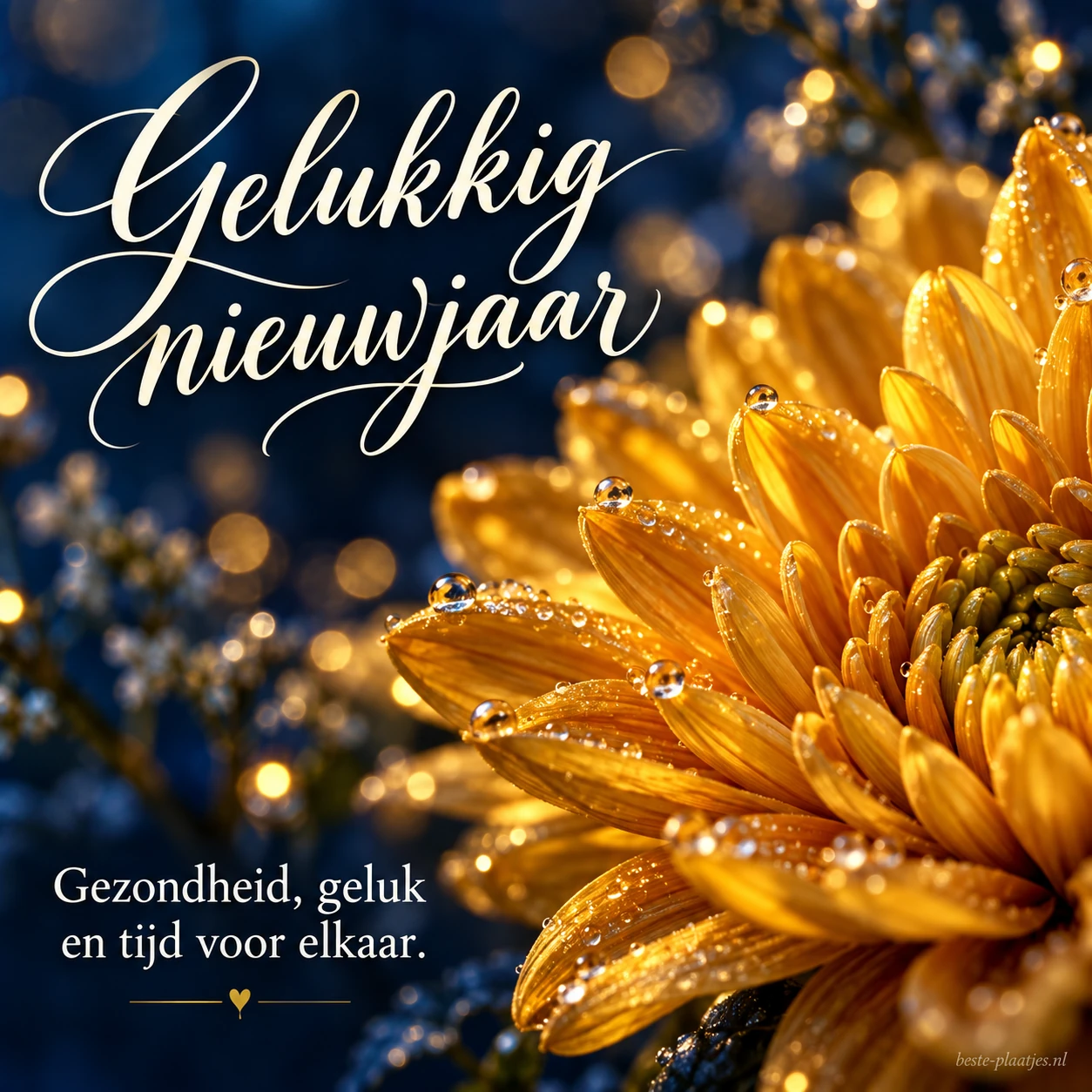 Een gouden bloem op een blauwe achtergrond brengt een wens voor gezondheid en geluk. Een gouden bloem op een blauwe achtergrond brengt een wens voor gezondheid en geluk.