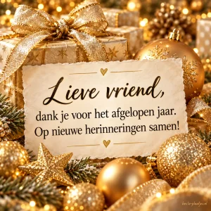 Gouden cadeaus en kerstballen omlijsten een persoonlijke groet voor een vriend.