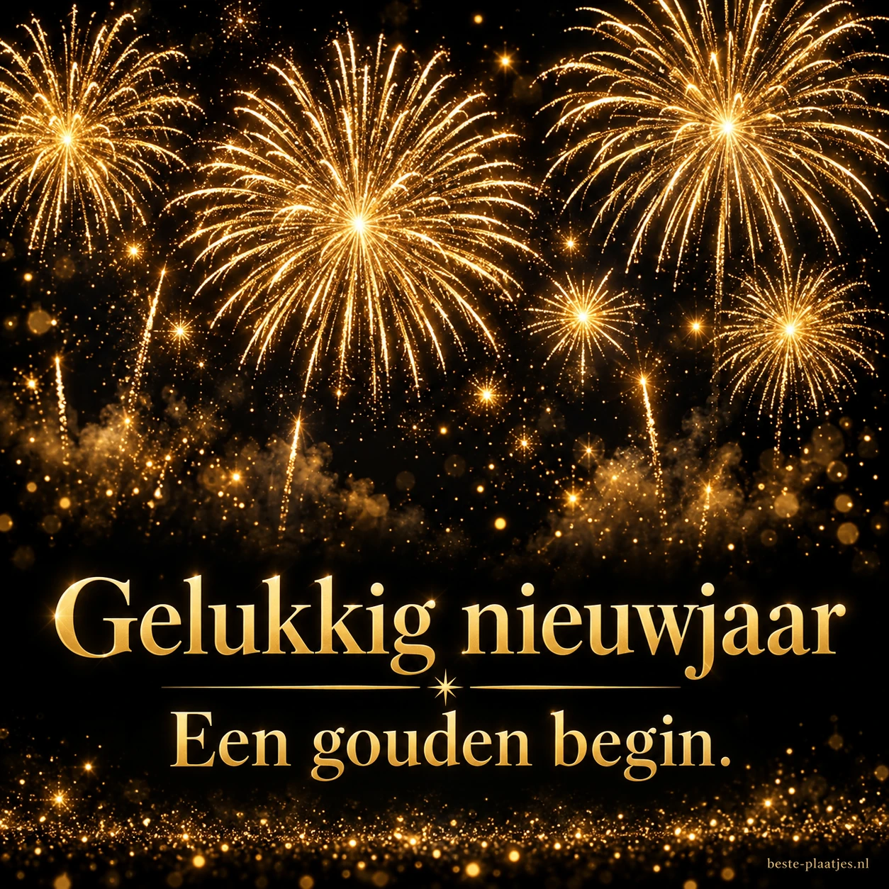 Gouden vuurwerk tegen een donkere hemel brengt een feestelijke nieuwjaarsgroet. Gouden vuurwerk tegen een donkere hemel brengt een feestelijke nieuwjaarsgroet.