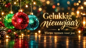Kleurige kerstballen naast gouden letters brengen een warme nieuwjaarswens.