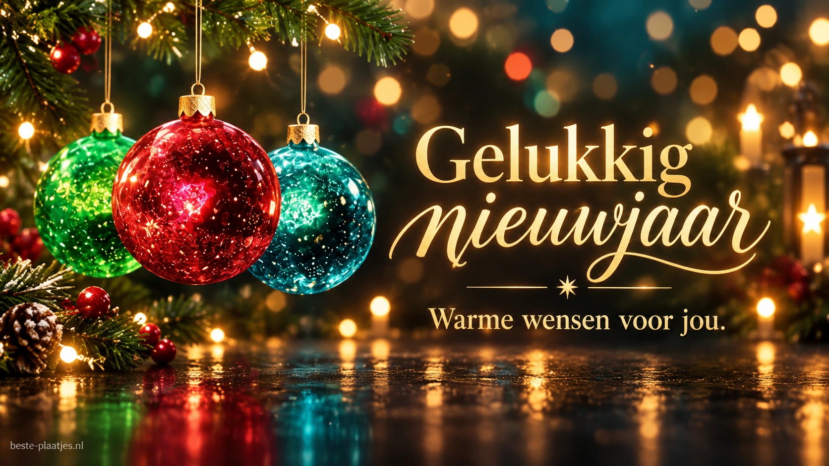Kleurige kerstballen naast gouden letters brengen een warme nieuwjaarswens. Kleurige kerstballen naast gouden letters brengen een warme nieuwjaarswens.