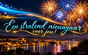 Kleurige lichtbanen en vuurwerk brengen een stralende nieuwjaarsgroet.