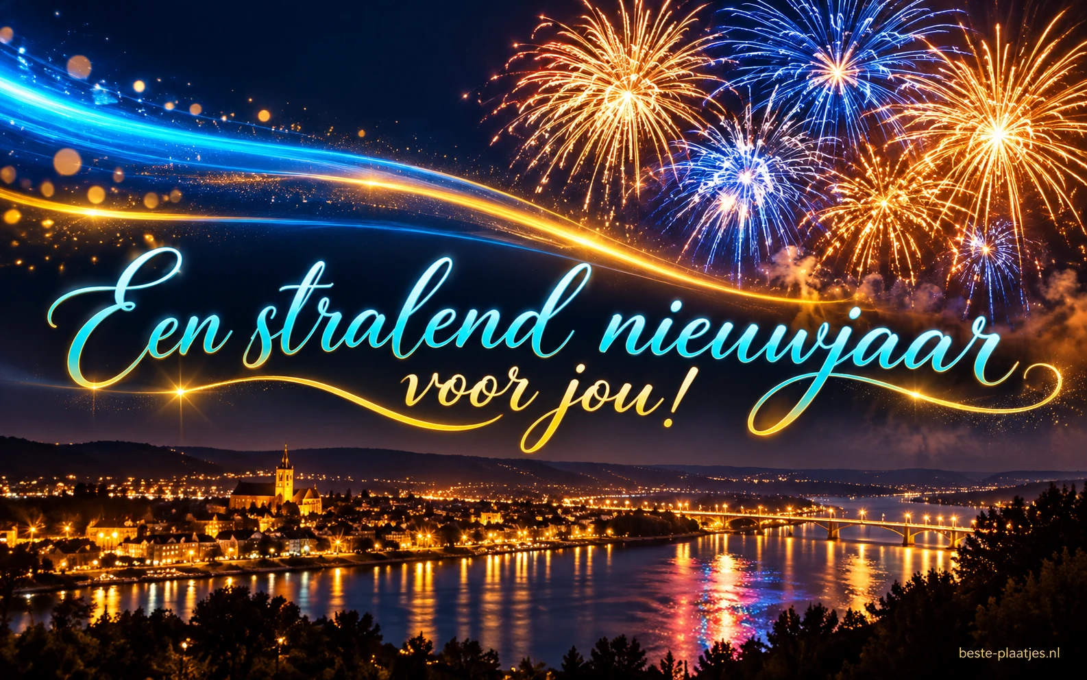 Kleurige lichtbanen en vuurwerk brengen een stralende nieuwjaarsgroet. Kleurige lichtbanen en vuurwerk brengen een stralende nieuwjaarsgroet.