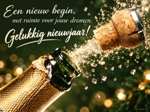 Een champagnekurk en een geopende fles symboliseren een nieuw begin.