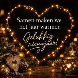 Een hart van kleine lichtjes brengt een warme nieuwjaarsgroet.