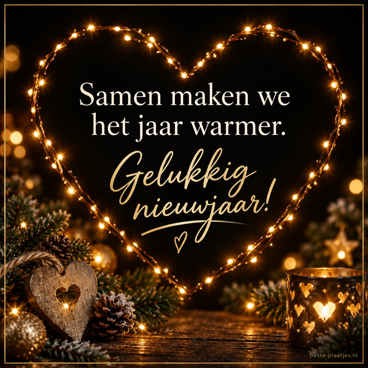 Een hart van kleine lichtjes brengt een warme nieuwjaarsgroet. Een hart van kleine lichtjes brengt een warme nieuwjaarsgroet.