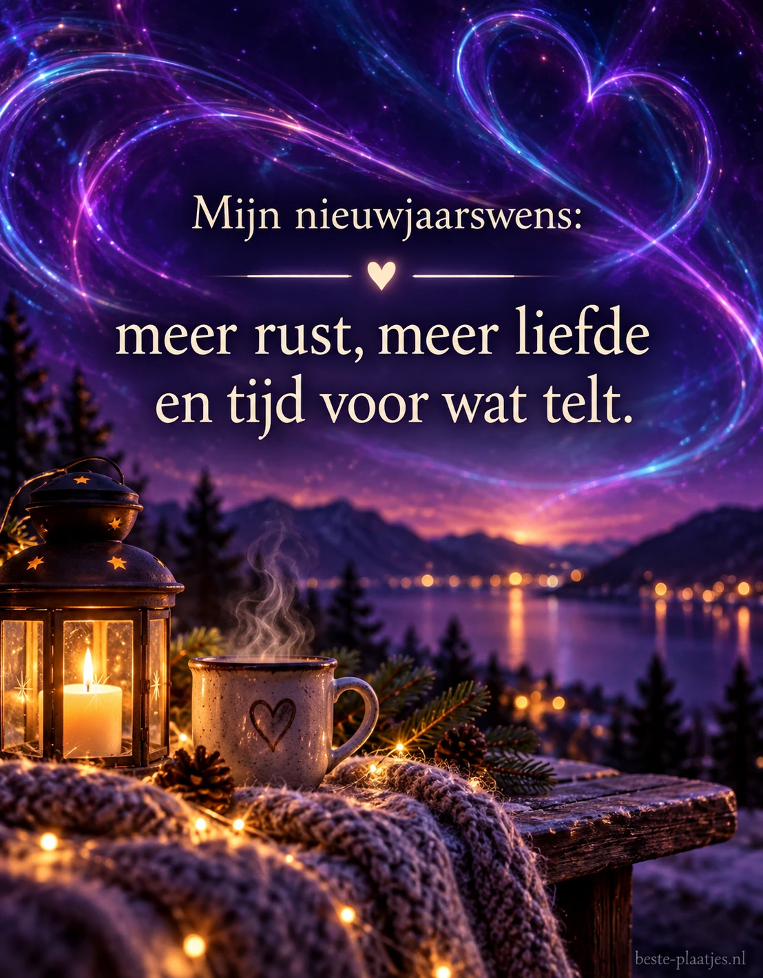 Lichtsporen in paarse en blauwe kleuren omlijsten een persoonlijke nieuwjaarswens. Lichtsporen in paarse en blauwe kleuren omlijsten een persoonlijke nieuwjaarswens.