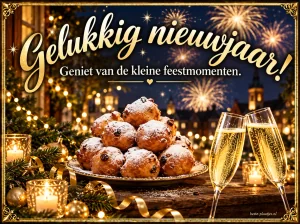 Oliebollen en champagneglazen brengen een gezellige nieuwjaarsgroet.