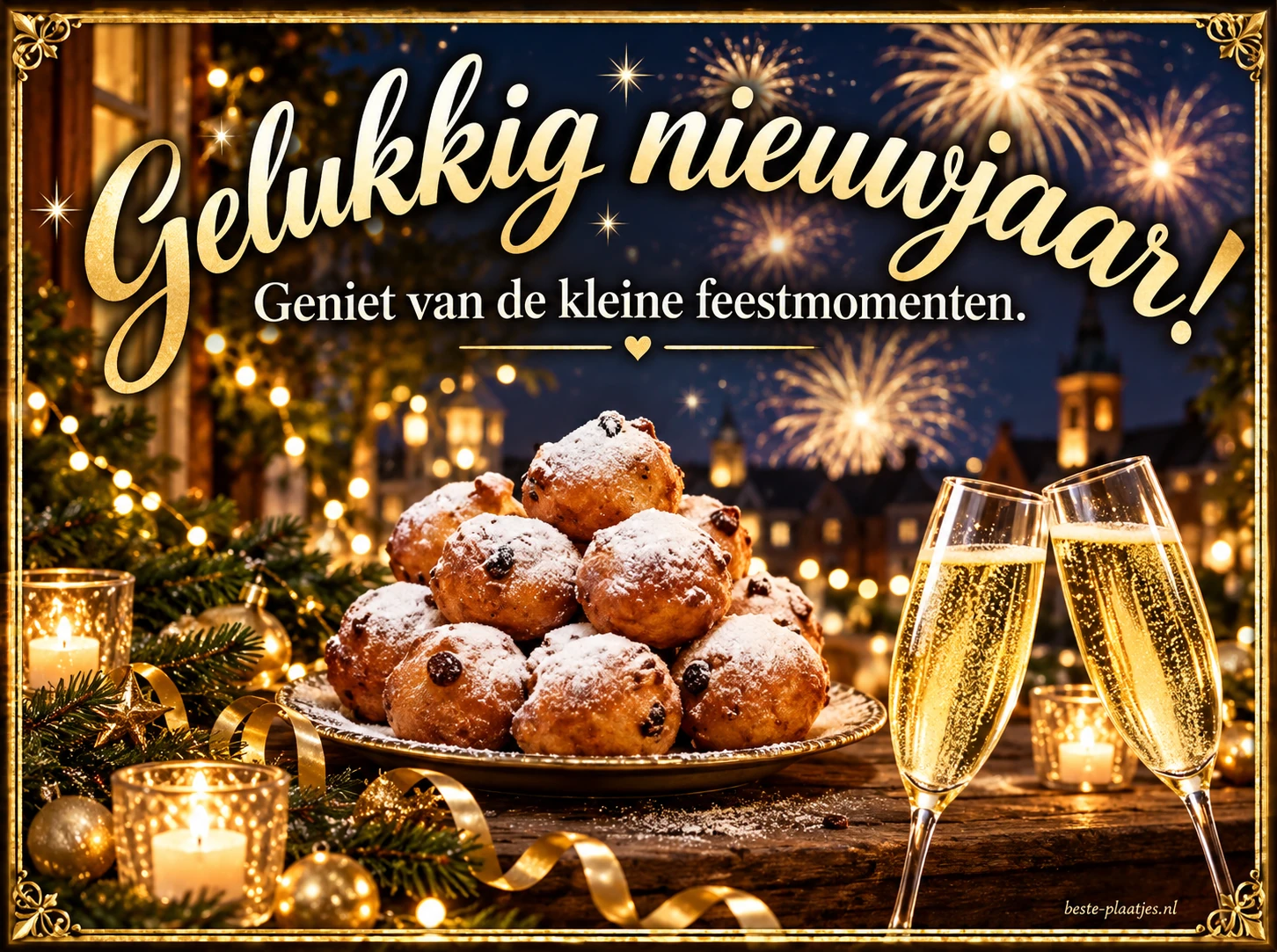 Oliebollen en champagneglazen brengen een gezellige nieuwjaarsgroet. Oliebollen en champagneglazen brengen een gezellige nieuwjaarsgroet.