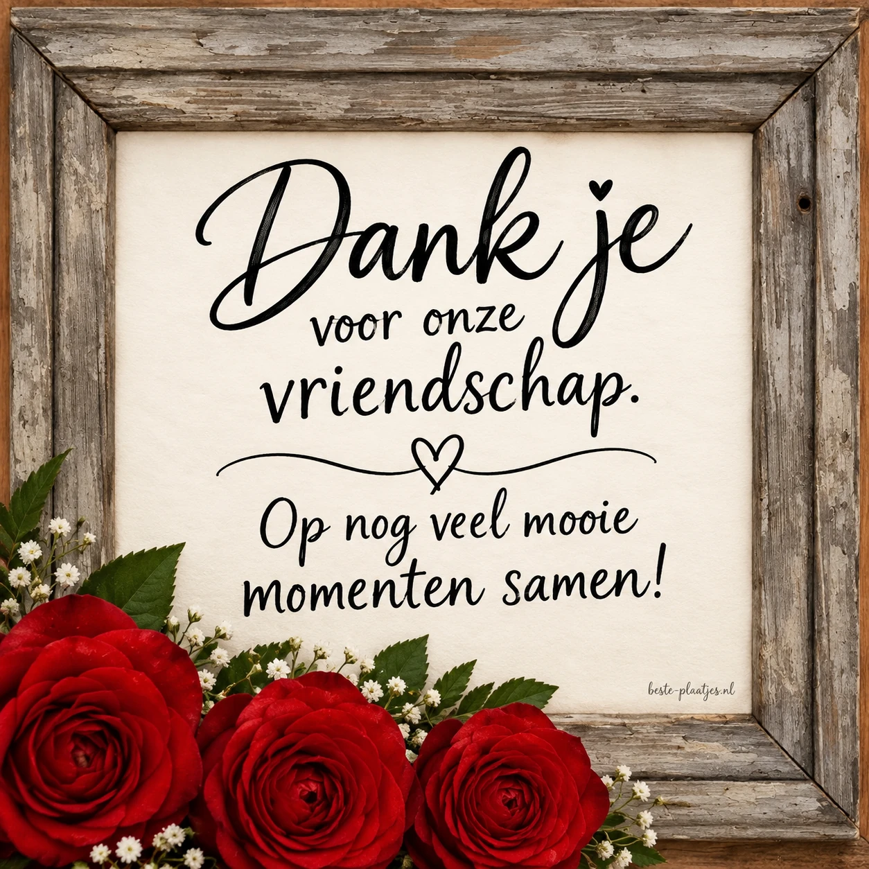 Rode rozen voor een houten lijst brengen een dankbare groet aan een vriend. Rode rozen voor een houten lijst brengen een dankbare groet aan een vriend.