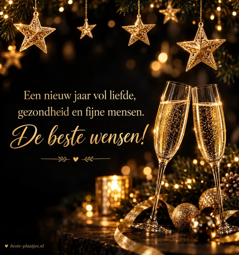 Gouden sterren en champagneglazen omlijsten een warme wens voor liefde en gezondheid.